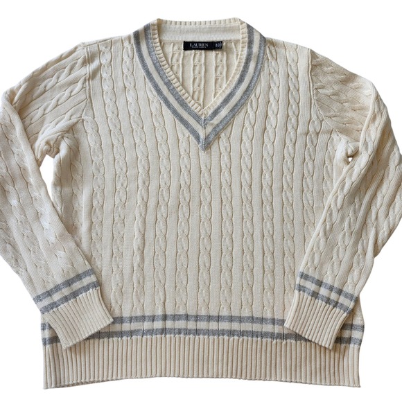 Lauren Ralph Lauren Cream Cable Knit V-Neck Sweater...